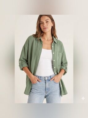 mySTYLE Green Oversized Button Up Shirt Textured Gauze Tab Sleeve Top L XL